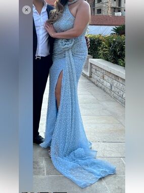 Elegant Light Blue Beaded Evening Gown with Thigh Slit